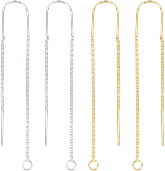 Beebeecraft 8Pcs 2 Colors Ear Threads 18K Gold & 925 Sterling Silver Plated String Earring Threader 60mm Pull Through Threaded Long Chain with 925 Sterling Silver Pins and Loop for DIY Earring Making