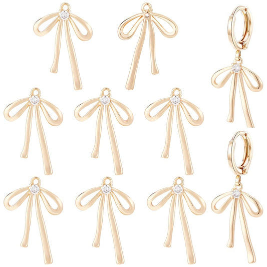 BENECREAT 10pcs Real 18K Gold Plated Brass Bowknot Charms, 19x13x2.5mm Micro Pave Clear Cubic Zirconia Pendants for Earrings Necklaces, Wedding Festival Gift DIY