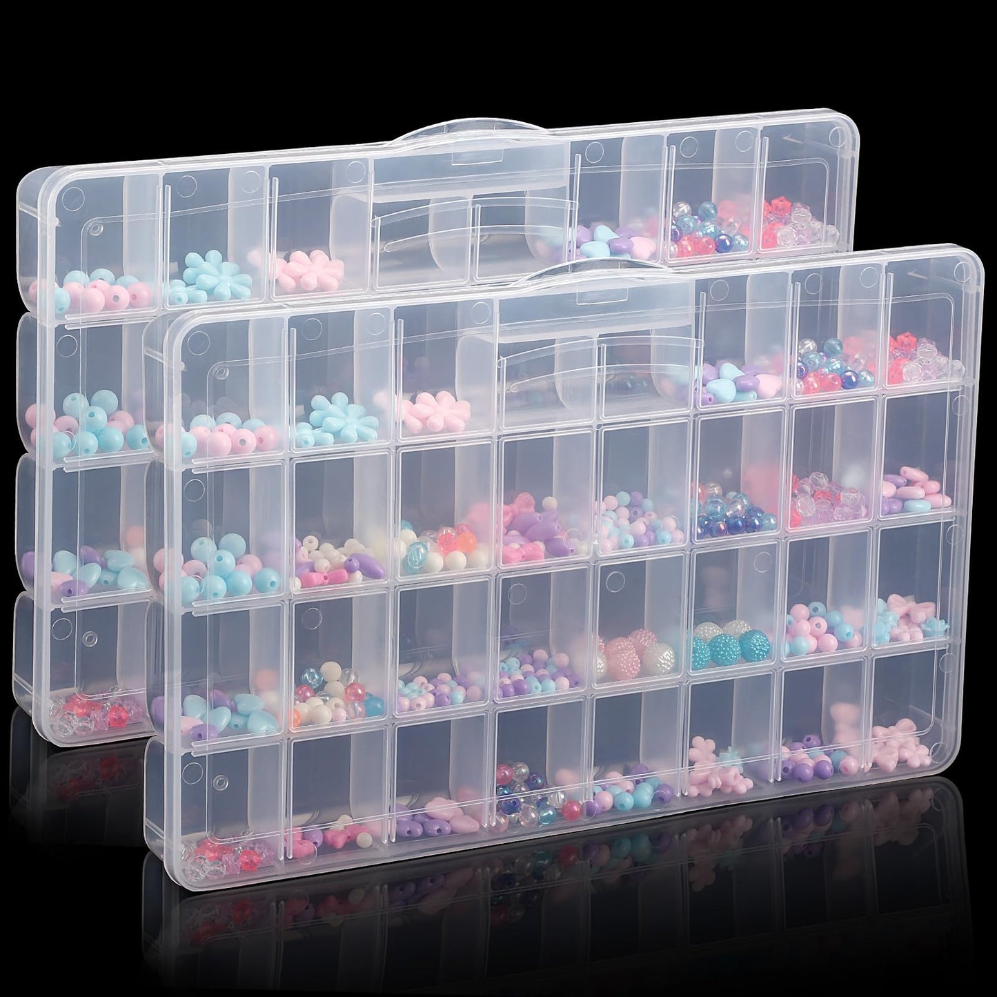 Udefineit 2 Pack 32 Grids Large Plastic Organizer Boxes with Dividers, Transparent Craft Storage Container Case, Bead Storage Organizer, Clear Storage Box for Nail Jewelry Fishing Tackle Snack Diamond