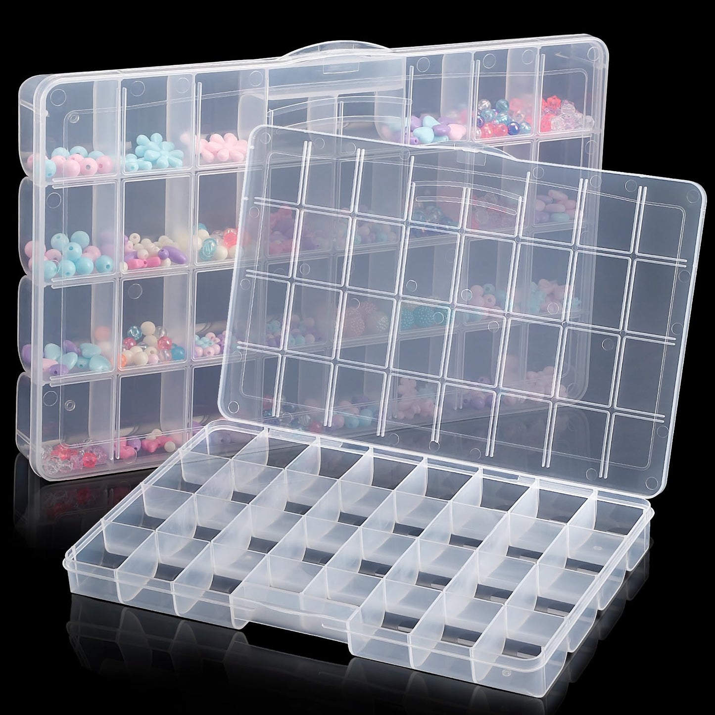 Udefineit 2 Pack 32 Grids Large Plastic Organizer Boxes with Dividers, Transparent Craft Storage Container Case, Bead Storage Organizer, Clear Storage Box for Nail Jewelry Fishing Tackle Snack Diamond