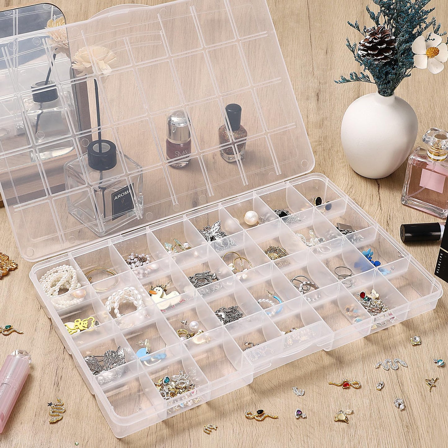 Udefineit 2 Pack 32 Grids Large Plastic Organizer Boxes with Dividers, Transparent Craft Storage Container Case, Bead Storage Organizer, Clear Storage Box for Nail Jewelry Fishing Tackle Snack Diamond
