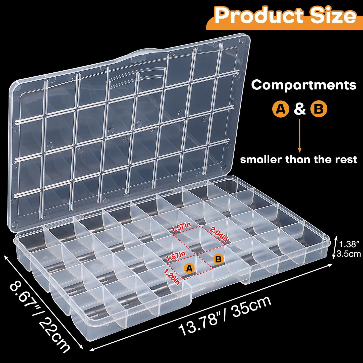 Udefineit 2 Pack 32 Grids Large Plastic Organizer Boxes with Dividers, Transparent Craft Storage Container Case, Bead Storage Organizer, Clear Storage Box for Nail Jewelry Fishing Tackle Snack Diamond