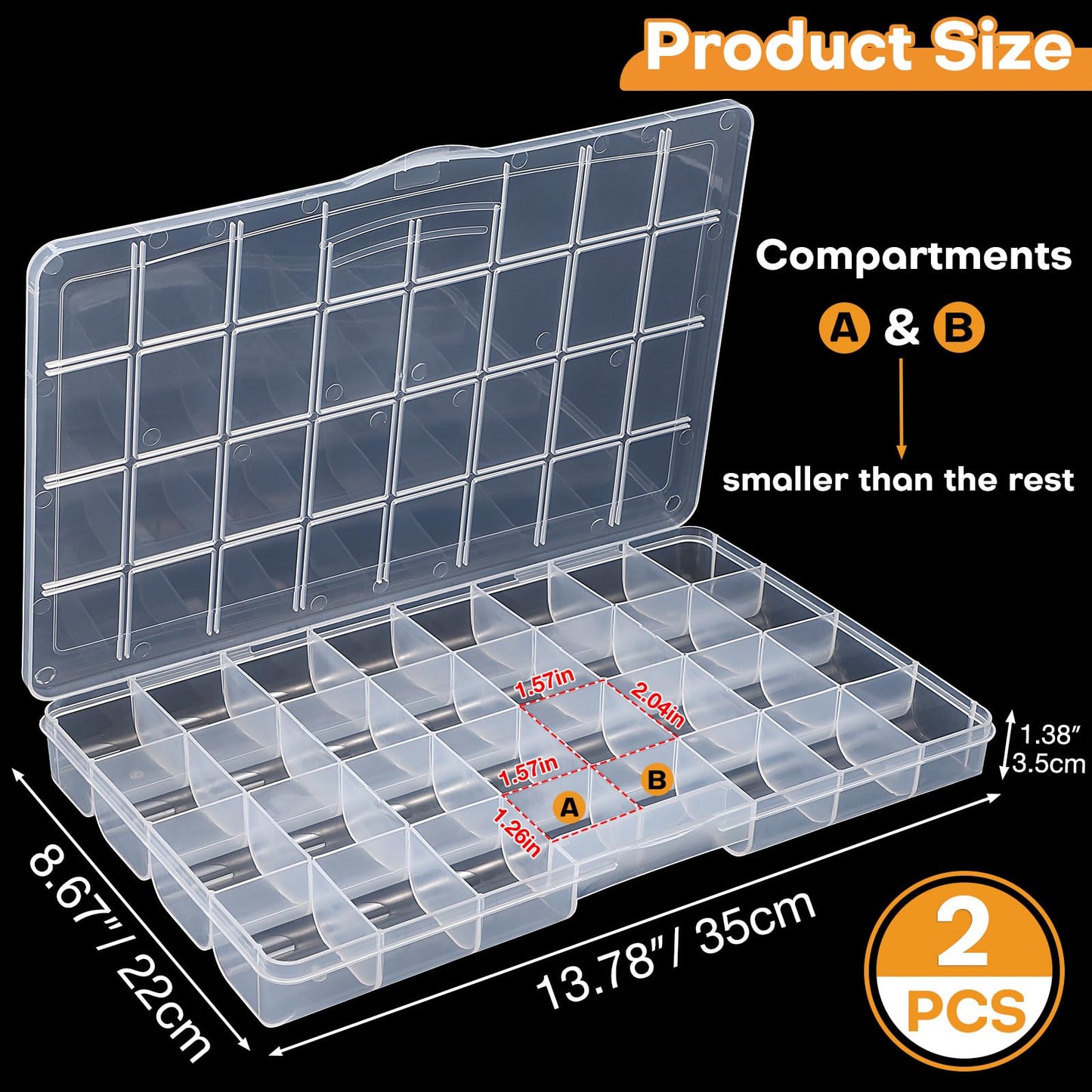 Udefineit 2 Pack 32 Grids Large Plastic Organizer Boxes with Dividers, Transparent Craft Storage Container Case, Bead Storage Organizer, Clear Storage Box for Nail Jewelry Fishing Tackle Snack Diamond