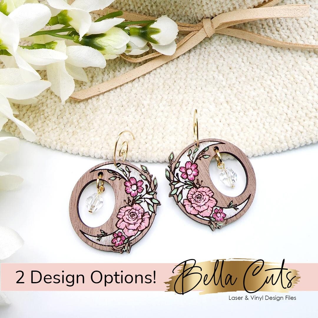 Floral Moon Boho Laser Cut Engraved Earrings, Digital File Download, SVG DXF, Glowforge Ready, Commercial Use #137