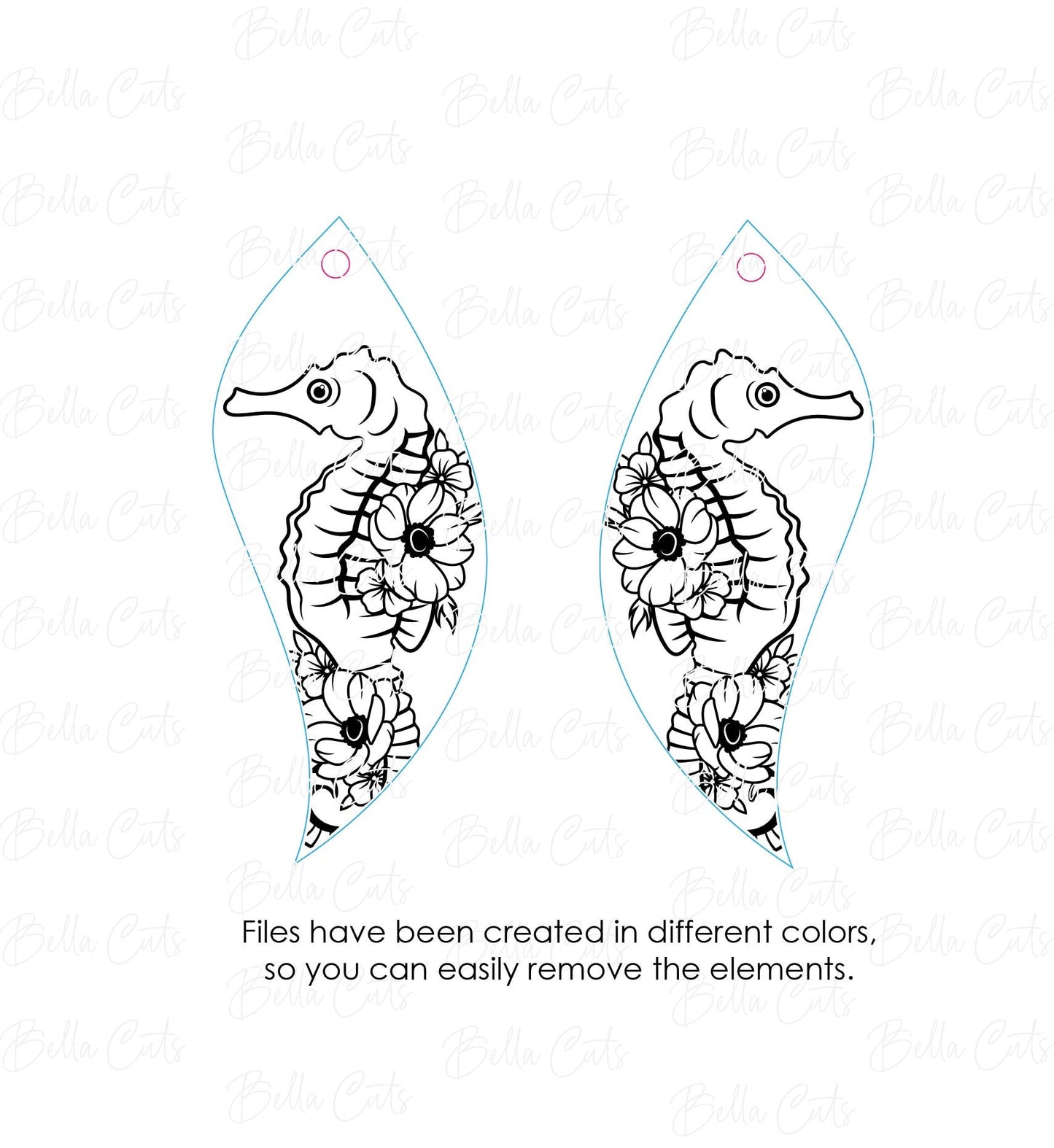 Seahorse Floral Beach Cut Engraved Earrings, Digital File Download, SVG DXF, Glowforge Ready, Commercial Use #190