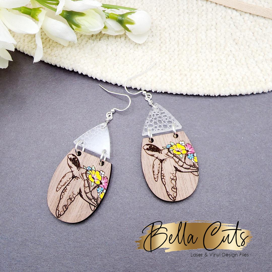 Sea Turtle Floral Beach Cut Engraved Earrings, Digital File Download, SVG DXF, Glowforge Ready, Commercial Use #191