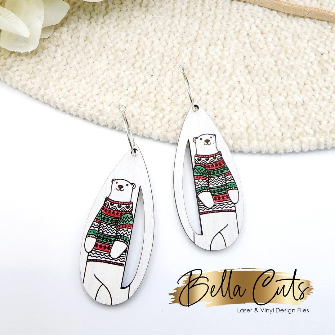 Winter Polar Bear Laser Cut Engraved Earrings, Digital File Download, SVG DXF, Glowforge Ready, Commercial Use #200