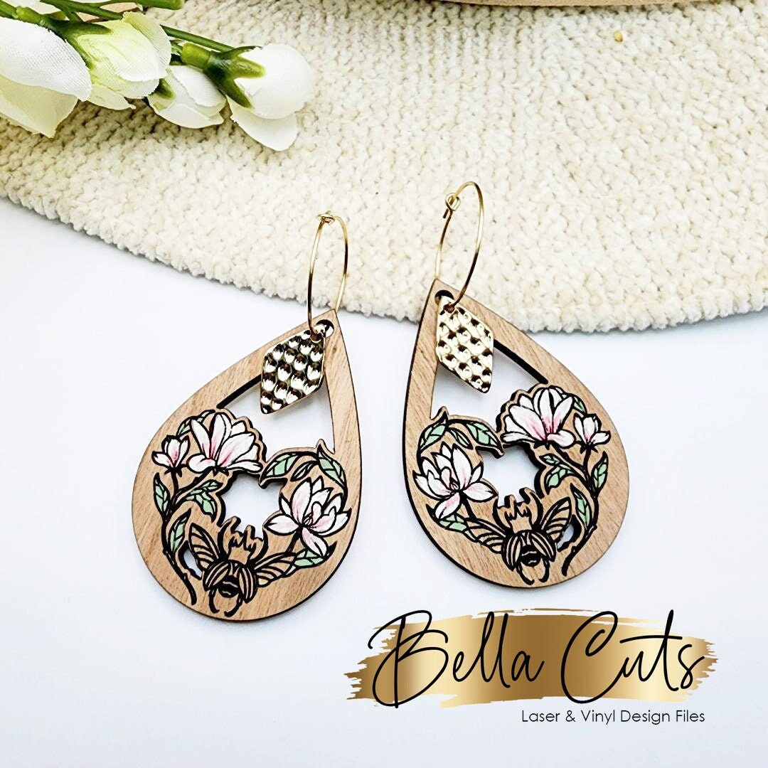 Floral Bug Beatle Laser Cut Engraved Earrings, Digital File Download, SVG DXF, Glowforge Ready, Commercial Use #250