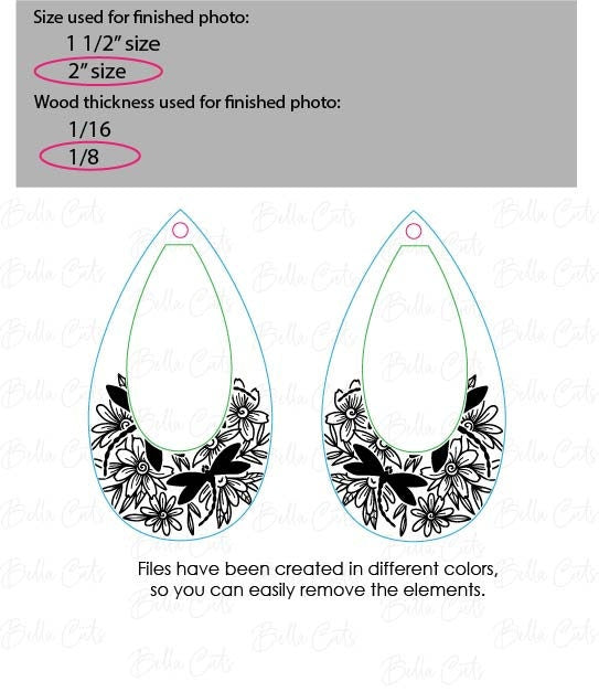 Dragonfly Floral Drop laser cut dangle earring SVG file for wood or acrylic #365