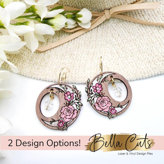Floral Moon Boho Laser Cut Engraved Earrings, Digital File Download, SVG DXF, Glowforge Ready, Commercial Use #137
