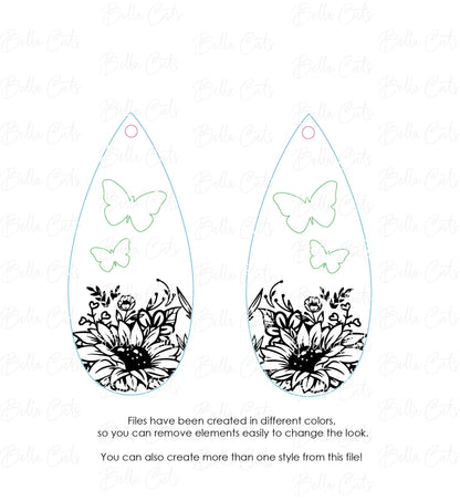 Sunflower with Butterfly Laser Engraved Earrings Digital Download, Laser Cut, SVG DXF, Glowforge Ready, Commercial Use