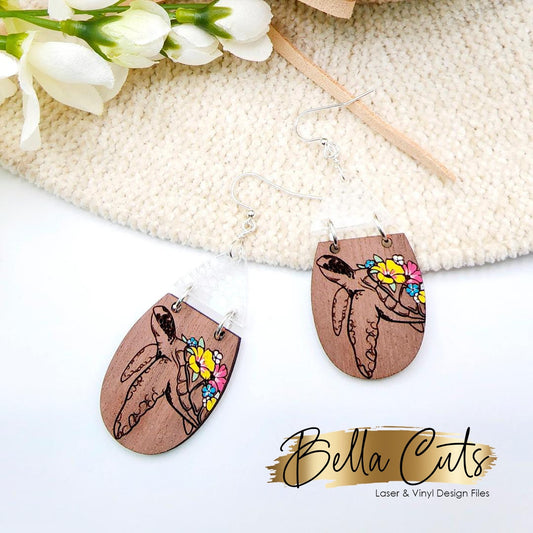 Sea Turtle Floral Beach Cut Engraved Earrings, Digital File Download, SVG DXF, Glowforge Ready, Commercial Use #191
