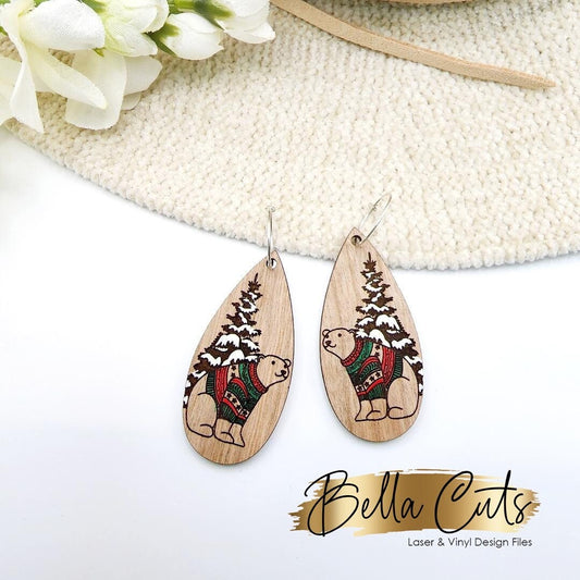 Winter Polar Bear Laser Cut Engraved Earrings, Digital File Download, SVG DXF, Glowforge Ready, Commercial Use #202