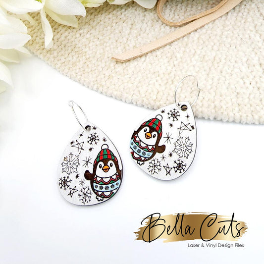 Christmas Penguin Laser Cut Engraved Earrings, Digital File Download, SVG DXF, Glowforge Ready, Commercial Use #172