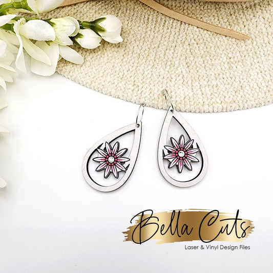 Daisy Floral Laser Cut Engraved Earrings, Digital File Download, SVG DXF, Glowforge Ready, Commercial Use #242