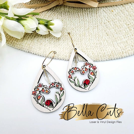 Ladybug Floral Drop Laser Cut Engraved Earrings, Digital File Download, SVG DXF, Glowforge Ready, Commercial Use #249