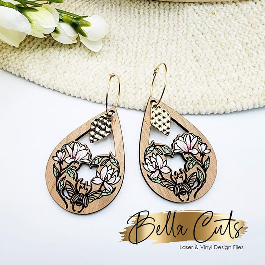 Floral Bug Beatle Laser Cut Engraved Earrings, Digital File Download, SVG DXF, Glowforge Ready, Commercial Use #250