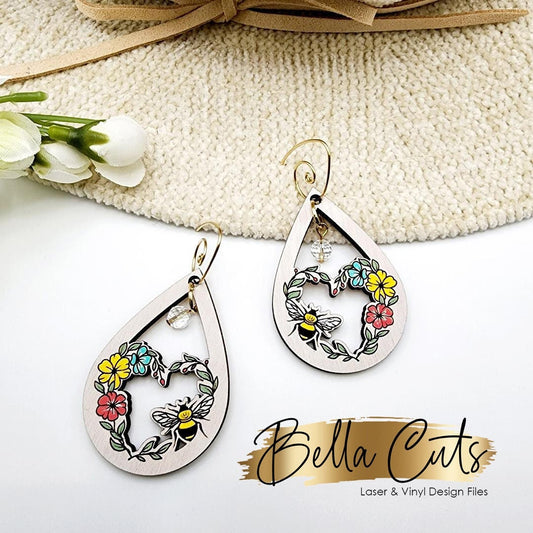 Floral Bee laser cut earring SVG file for wood or acrylic #246