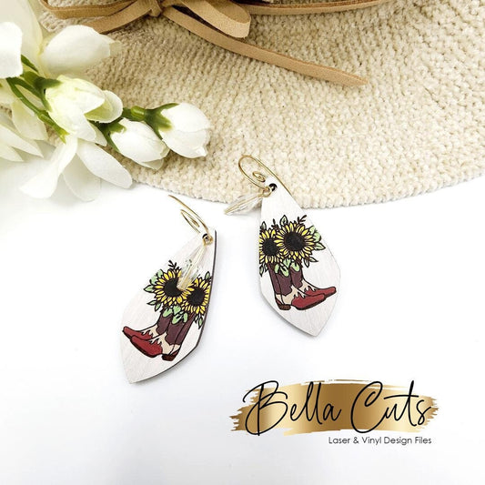 Boot Western Sunflower laser cut dangle earring SVG file for wood or acrylic #309