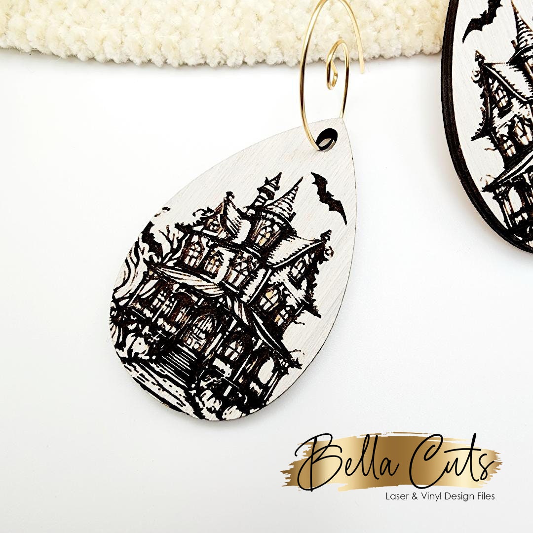 Haunted House Earrings, Earring Svg Files, Laser Cut Svg, Instant Digital Download, Halloween Earring Laser Cut Files #421