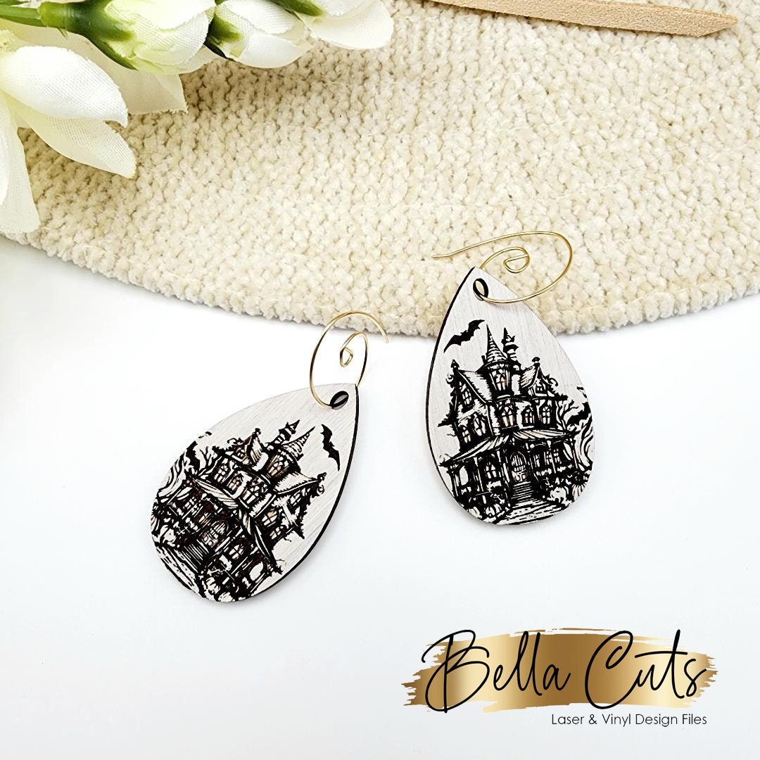 Haunted House Earrings, Earring Svg Files, Laser Cut Svg, Instant Digital Download, Halloween Earring Laser Cut Files #421
