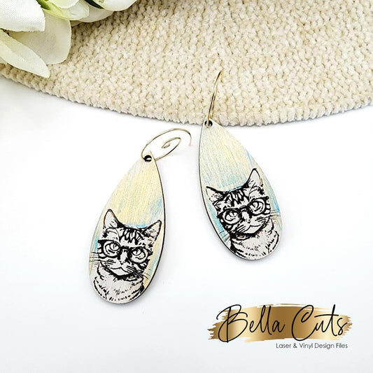 Cat With Glasses Earring, Earring Svg Files, Laser Cut Svg, Instant Digital Download, Funny Cat Earrings #430